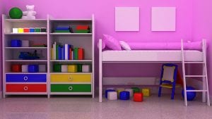Empty Picture Frames In Classic Children Room Interior Background On The Decorative Painted Wall With Ruber Floor. Copy Space Image. 3d Render